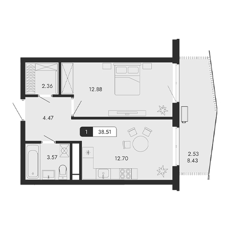 1 комнатная 38.51м²