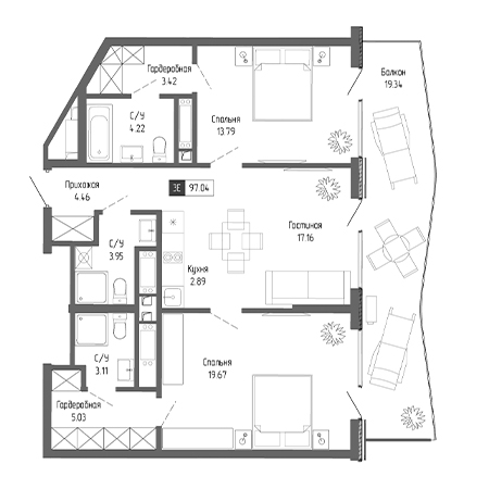 3 комнатная 97.04м²