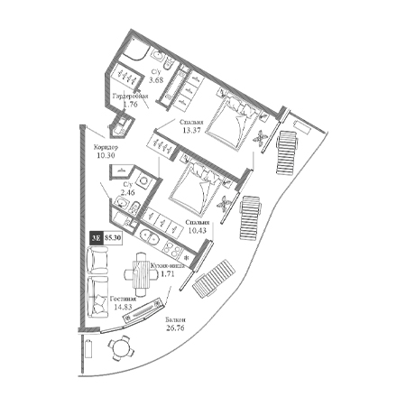 3 комнатная 85.3м²