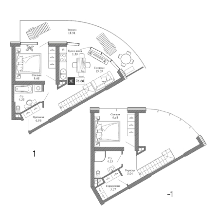 3 комнатная 76.68м²