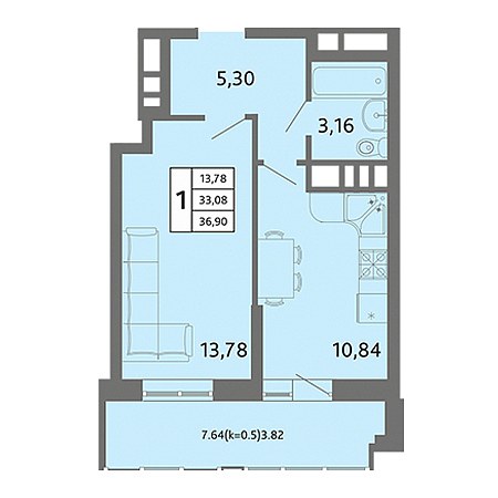 1 комнатная 36.9м²