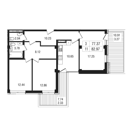 3 комнатная 82.97м²