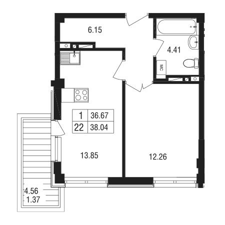 1 комнатная 38.04м²