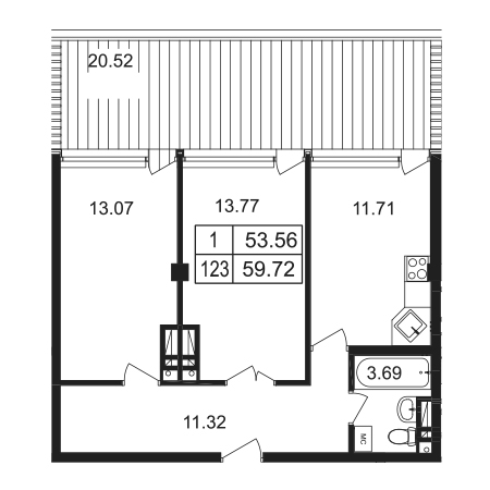 2 комнатная 59.72м²