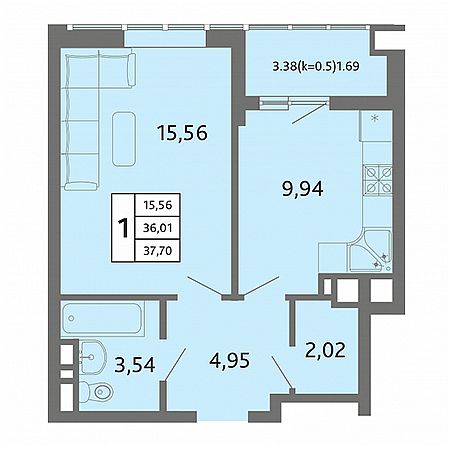 1 комнатная 37.7м²