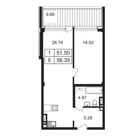 1 комнатная 56.35м²