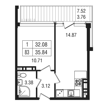 1 комнатная 35.84м²