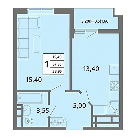 1 комнатная 38.95м²