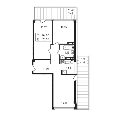 2 комнатная 70.16м²