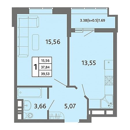 1 комнатная 39.53м²