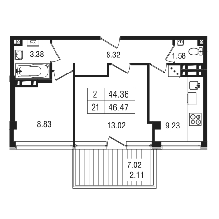 2 комнатная 46.47м²