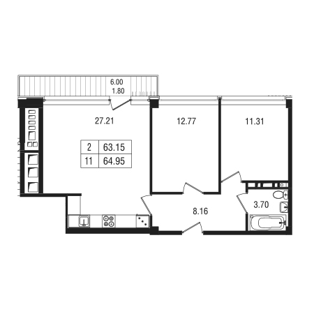 2 комнатная 64.95м²