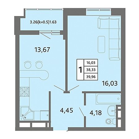 1 комнатная 39.96м²