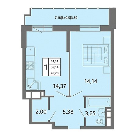 1 комнатная 42.73м²