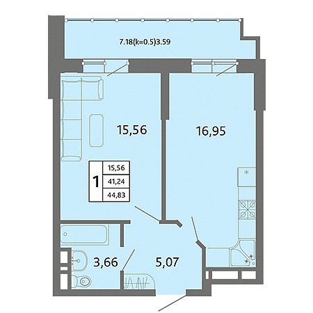 1 комнатная 44.83м²