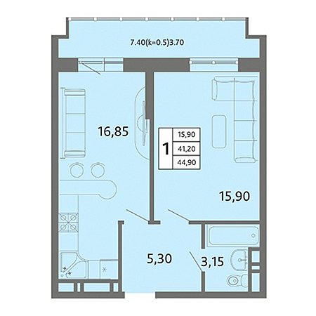 1 комнатная 44.9м²