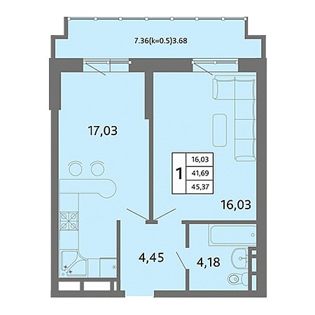 1 комнатная 45.37м²