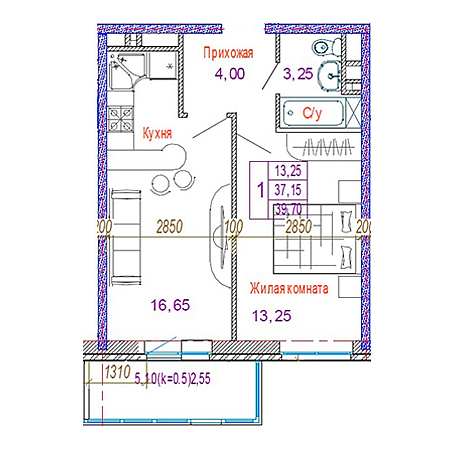 1 комнатная 39.7м²