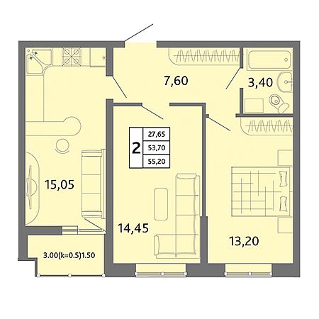 2 комнатная 55.2м²