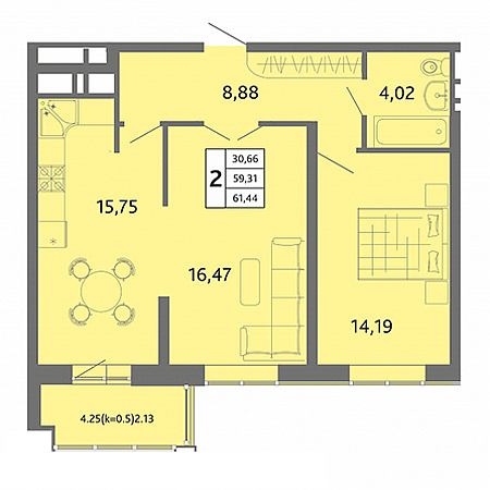 2 комнатная 61.44м²