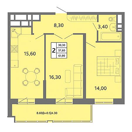 2 комнатная 61.9м²