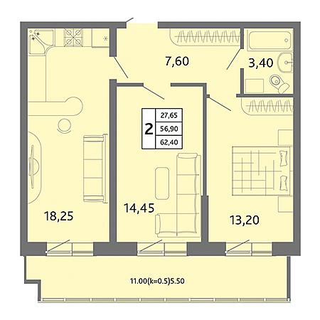 2 комнатная 62.4м²