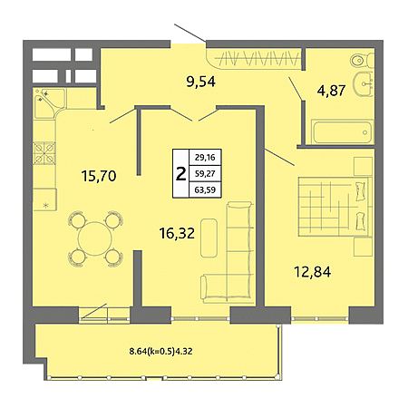 2 комнатная 63.59м²