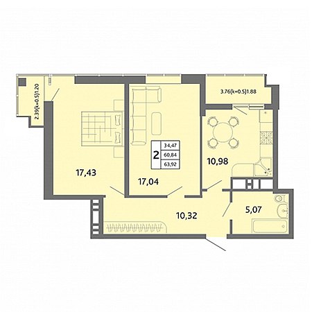 2 комнатная 63.92м²