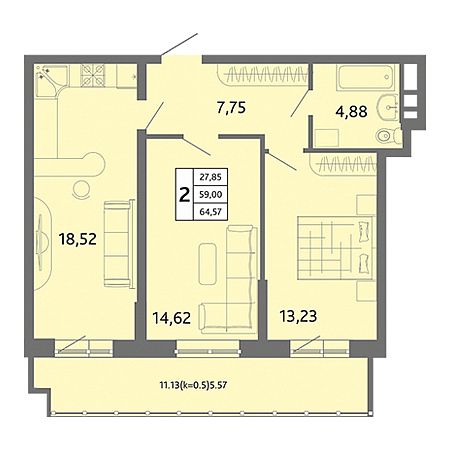 2 комнатная 64.57м²