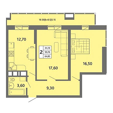 2 комнатная 64.85м²