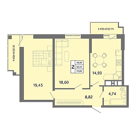 2 комнатная 70.6м²