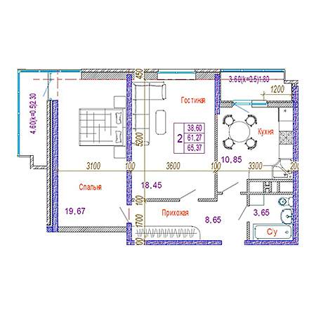 2 комнатная 65.37м²