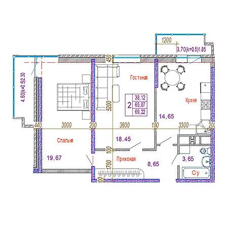 2 комнатная 69.22м²