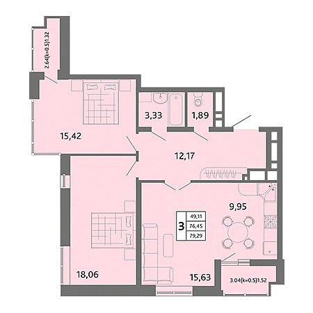 3 комнатная 79.29м²