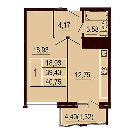 1 комнатная 40.75м²