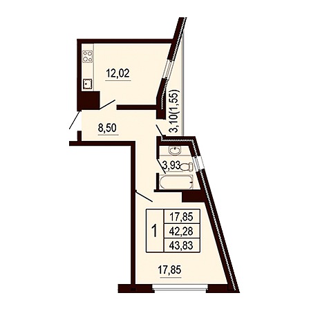 1 комнатная 43.83м²