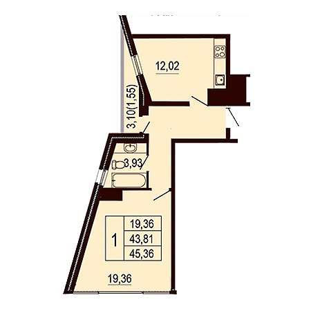 1 комнатная 45.36м²