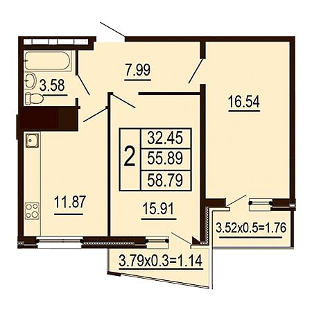 2 комнатная 58.79м²