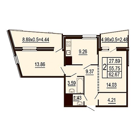 2 комнатная 62.67м²