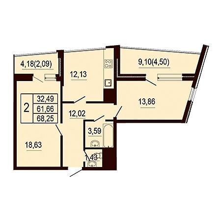 2 комнатная 68.25м²