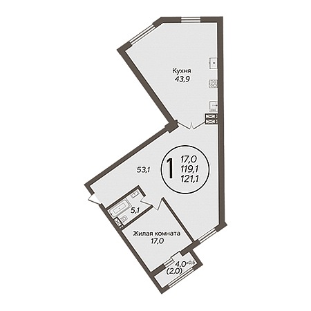 1 комнатная 121.1м²