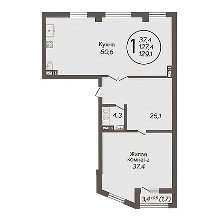 1 комнатная 129.1м²