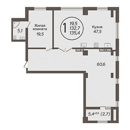 1 комнатная 135.4м²