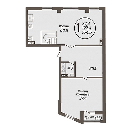 1 комнатная 164.5м²