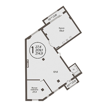 1 комнатная 214.9м²