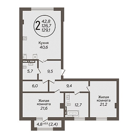 2 комнатная 129.1м²