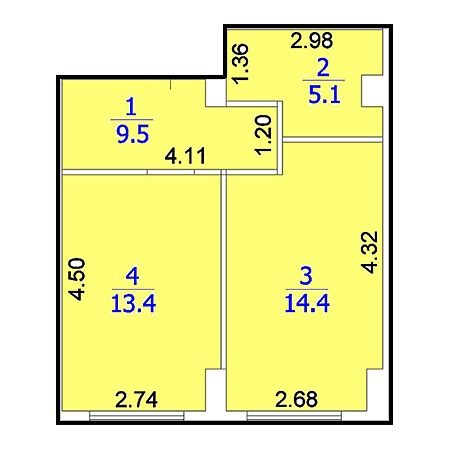 1 комнатная 42.4м²