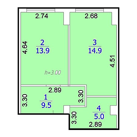 1 комнатная 43.3м²