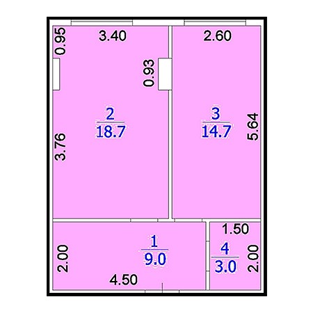 1 комнатная 45.6м²