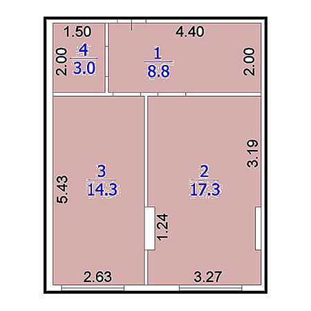 1 комнатная 42.6м²